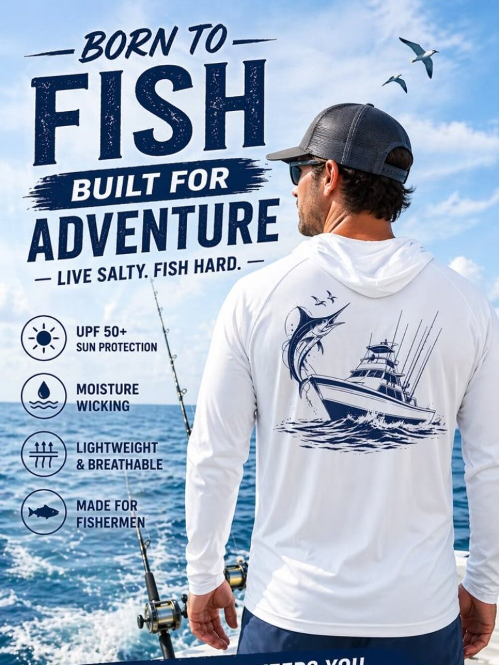 Marlin Saltwater fishing Hoodie UPF 50 Fishing T-Shirt Hood Sun UV Protection